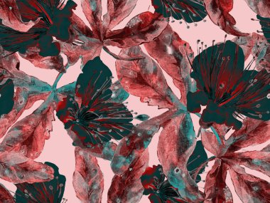 Cesur soyut çiçek deseni. Kızıl Arkaplanda Büyük Hawaii Kusursuz Parmak İzi. Koca Orman Yaz Aquarelle Maracuya Sonsuz Arkaplan. Modern Kalın Soyut Çiçek Deseni.