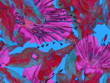 Çiçek desenli moda. Mor Arkaplanda Büyük Orman Kusursuz Parmak izi. Büyük Hawaii Yaz Sulu Granadilla Sonsuz Arkaplan. Rastgele Çiçek Deseni.