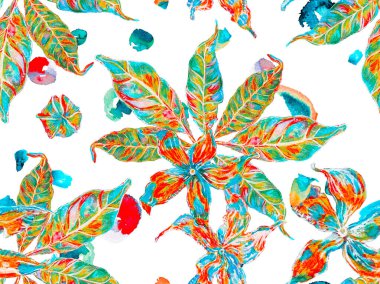 Klasik Mavi ve Lush Lav Kırmızısı Ayurveda deseni. Canlı Sakura ve Jasmine Print. Yaz Vintage Arkaplanı. Suluboya Turuncu Çiçek ve Yapraklar. Biyo Jasmin Kusursuz Desen.