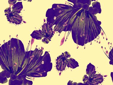 Cesur soyut çiçek deseni. Mavi ve Kırmızı Arkaplanda Geniş Ormansız Parmak İzi. Büyük Hawaii Yazı Maracuja Sonsuz Arkaplanı. Modern Kalın Soyut Çiçek Deseni.