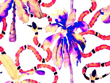 Elapidae Egzotik Geçmişi. Aspid Pürüzsüz Düzen. El çizimi tropik desen. Afrika Safari Deri ve Flora İllüstrasyon. Klasik Mavi ve Lush Lav Kırmızı Yılan Derisi Parmak izi. Zehirli Ejder Taklidi.