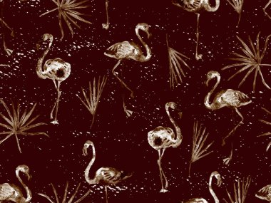 Büyük flamingo hippi kızıl Hawaii 'nin kusursuz deseni. İlkbahar suluboya tişört baskısı. Doymuş hippi mayo, tüylü kuşları olan fayanslar. Flamingolu yatay fayans.