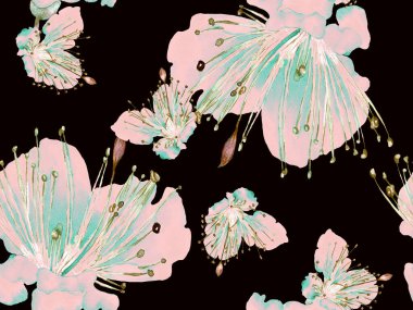 Çiçek desenli moda. Mavi ve Kırmızı Arkaplanda Büyük Egzotik Kusursuz Parmak izi. Büyük Hawaii Baharı Maracuja Sonsuz Arkaplanı. Rastgele Çiçek Deseni.