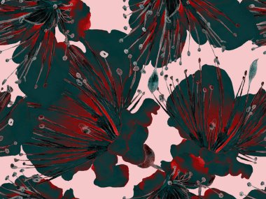 Çiçek desenli moda. Yeşil ve Kızıl Arkaplanda Büyük Egzotik Kusursuz Parmak izi. Büyük Hawaii Yaz Aquarelle Lilikoi Sonsuz Geçmişi. Rastgele Çiçek Deseni.