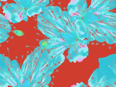 Çiçek desenli moda. Mavi ve Kırmızı Arkaplanda Büyük Tropikal Kusursuz Parmak izi. Büyük Hawaii Baharı. Sonu gelmez Tutku Meyvesi. Rastgele Çiçek Deseni.