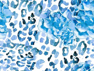 Mavi leopar desensiz Indigo deniz mavisi. Suluboya El Çita Yazısı. Vahşi Cilt Egzotik Doku. Geometrik Kürk arka planı. Leopar ve Jaguar Deri. Suluboya El Boyalı Cilt Deseni.