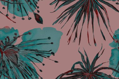 Etnik Aloha İlişkisi. Egzotik Bikini Özgeçmişi. Yeşil ve Kırmızı Tropikal desensiz. Palmiye yapraklarının eğlenceli dokusu. Suluboya Yatay Tropik Tasarım. Palm Geometric Mayo Kalıbı.