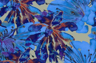 İndigo Mavi Palmiye Yaprakları Eğlenceli Doku. Suluboya Yatay Tropik Tasarım. Palm Geometric Mayo desenli. Tropikal Kusursuz Desen. Etnik Aloha İlişkisi. Egzotik Yaprak Bikini Arkaplanı. 