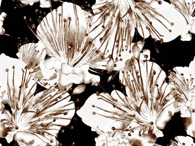 Kalın Çiçekler. Siyah ve Beyaz Arkaplanda Büyük Tropikal Kusursuz Parmak izi. Koca Orman Yaz Suluboya Lilikoi Sonsuz Geçmişi. Soyut Kalın Çiçek Yazdırma. 