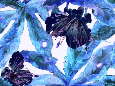 Kalın Çiçekler. Mavide Büyük Egzotik Kusursuz Parmak İzi, Indigo Arkaplan. Büyük Hawaii Yazı Maracuja Sonsuz Arkaplanı. Soyut Kalın Çiçek Yazdırma. 