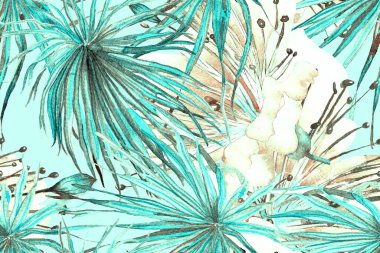 Palmiye yapraklarının eğlenceli dokusu. Turkuaz Mavi Tropikal Şablon. Etnik Aloha İlişkisi. Egzotik Bikini Özgeçmişi. Suluboya Yatay Tropik Tasarım. Palm Geometric Mayo Kalıbı.