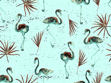 Büyük hipster flamingo mavisi, kusursuz Hawaii deseni. İlkbahar suluboya tişört baskısı. Yaban kuşlarıyla minimalist geometrik mayo arka planı. Suluboya yatay fayans.