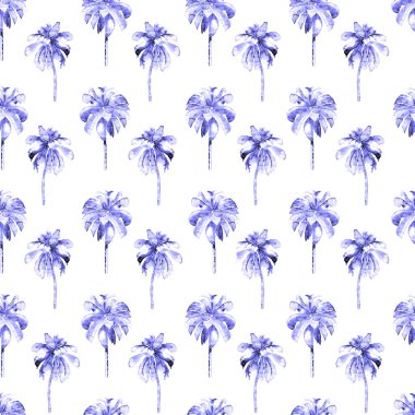 Avuç içi izi. Egzotik suluboya desensiz. Hawaii Tropikal Baskısı. Palmiye ağaçlı mayo tasarımı. Egzotik Yaprak İlişkisi. Suluboya Botanik Kusursuz Arka plan. Muz ve Hindistan cevizi ağaçları.