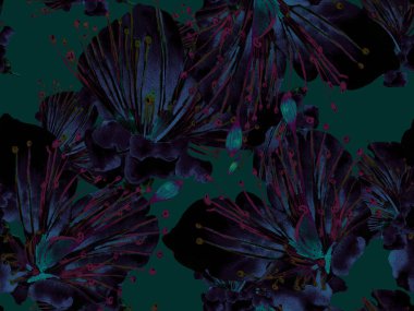 Cesur Çiçek Tasarımı. Yeşil, Mavi Arkaplanda Büyük Hawaii Kusursuz Parmak izi. Geniş Orman Baharı Sulu Boyalı Lilikoi Sonsuz Geçmişi. Sanatsal Kalın Çiçek Tasarımı.