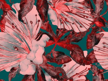 Bold Floral Print. Kızıl Arkaplanda Büyük Tropikal Kusursuz Parmak İzi. Büyük Hawaii Baharı Sulu Renkli Lilikoi Sonsuz Geçmişi. Moda Kalın Çiçek Yazdırma.