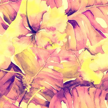 Yaz döngüsü. Suluboya tropik çiçekler ve canavar yaprakları. Palm ve Hibiscus bitkileri kusursuz desende. Bahar Hawaii suluboya geçmişi. Tropik palmiyeler, canavarlar, çiçek desenleri..