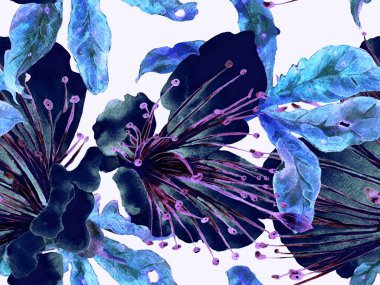 Bold Floral Print. Büyük Hawaii İşaretsiz Mavi Parmak izi, Indigo Arkaplan. Büyük Hawaii Bahar Aquarelle Lilikoi Sonsuz Geçmişi. Moda Kalın Çiçek Yazdırma.