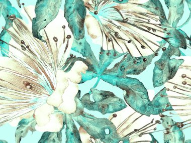 Cesur soyut çiçek deseni. Mavi İndigo 'da Büyük Hawaii Kusursuz Parmak izi. Büyük Orman Baharı Sulu Granadilla Sonsuz Arkaplan. Modern Kalın Soyut Çiçek Deseni.