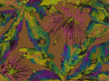 Kalın Çiçekler. Kahverengi Arkaplanda Büyük Ormansız Parmak izi, Kara Arkaplan. Büyük Egzotik Yaz Aquarelle Maracuja Sonsuz Arkaplan. Soyut Kalın Çiçek Yazdırma. 