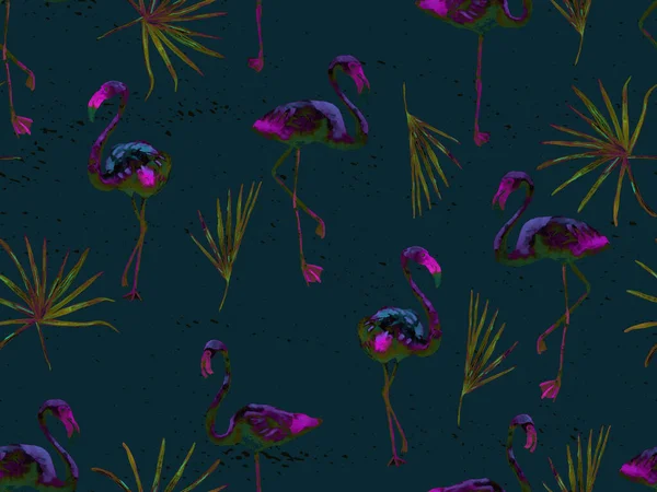 Large hipster flamingo blue hawaiian seamless pattern. Spring saturated watercolor t-shirt print. Minimalistic geometric swimwear background with wild fowls. Horizontal tile with flamingos.