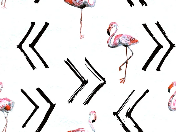 Grote Flamingo Hipster Rood Hawaiian Naadloos Patroon Voorjaar Verzadigde Aquarel — Stockfoto