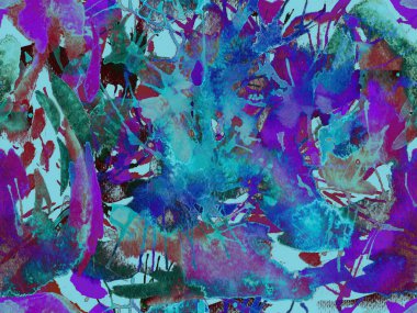 Sıvı, pürüzsüz desen. Mavi suluboya fırça darbesi grunge fayans. Suluboya kaotik sıçrama boya tasarımı. Kademeli mürekkep lekeleri. Toprak sıçrama deseni. Sıvı damlayan fırça sonsuz iz. 