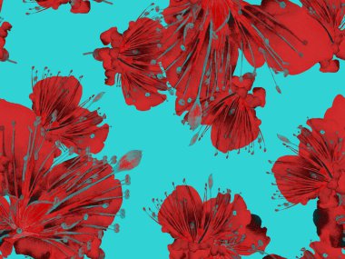 Kalın Çiçek deseni. Mavi ve Kırmızı Arkaplanda Büyük Egzotik Kusursuz Parmak izi. Büyük Hawaii Bahar Suyu Granadilla Sonsuz Arkaplan. Modern Kalın Çiçek Deseni.