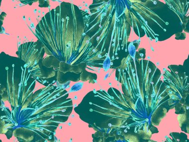 Cesur soyut çiçek deseni. Yeşil ve Kırmızı Arkaplanda Büyük Hawaii Kusursuz Parmak izi. Koca Orman Yaz Kova Tutkusu Sonsuz Arkaplan Meyvesi. Modern Kalın Soyut Çiçek Deseni.