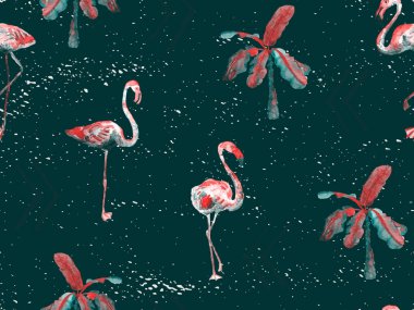 Büyük flamingo hippi kızıl Hawaii 'nin kusursuz deseni. İlkbahar suluboya tişört baskısı. Yaban kuşlarıyla minimalist geometrik mayo arka planı. Flamingolu yatay fayans.