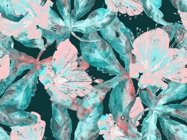 Cesur soyut çiçek deseni. Blue 'da Büyük Ormansız Parmak İzi, Indigo Arkaplan. Büyük Egzotik Yaz Suluboya Lilikoi Sonsuz Geçmişi. Modern Kalın Soyut Çiçek Deseni.