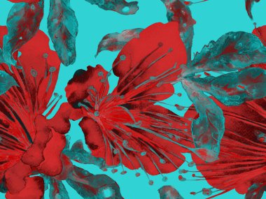 Kalın Çiçek deseni. Yeşil ve Kızıl Arkaplanda Büyük Hawaii Kusursuz Parmak izi. Geniş Orman Baharı Maracuya Sonsuz Arkaplanı. Kalın Çiçek Tasarımı.