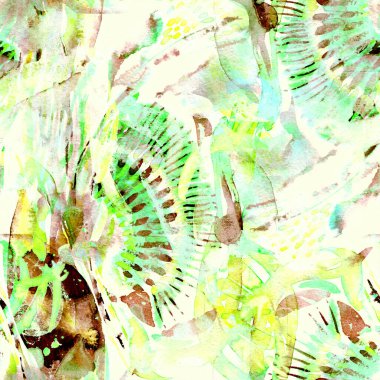 Suluboya tropikal, pürüzsüz desen. Renkli bir arka plan. Soyut sıçrama, suluboya tasarımı. Mayo dokusu. Çiçekli Coachella pürüzsüz desen. Etnik soyut karma sanat eserleri.