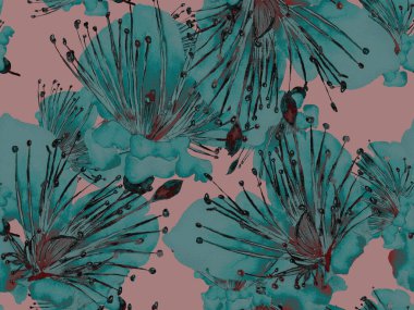 Bold Floral Print. Yeşil ve Kızıl Arkaplanda Büyük Egzotik Kusursuz Parmak izi. Büyük Hawaii Bahar Aquarelle Granadilla Sonsuz Arkaplan. Moda Kalın Çiçek Yazdırma.