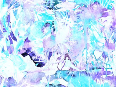 Püskürme izi yok. Mavi suluboya fırça darbesi grunge fayans. Suluboya soyut sıçrama boyası tasarımı. Elle çizilmiş mürekkep lekeleri. Toprak sıçrama deseni. Sıvı damlayan fırça sonsuz iz. 