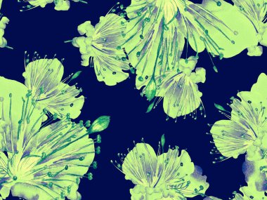 Bold Floral Print. Blue 'da Büyük Ormansız Parmak İzi, Indigo Arkaplan. Büyük Orman Bahar Suyu Granadilla Sonsuz Arkaplan. Moda Kalın Çiçek Yazdırma.