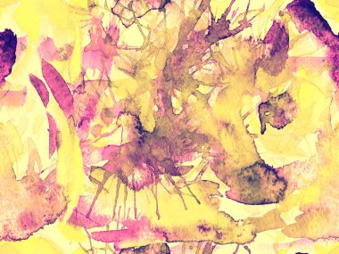 Tehlike izi yok. Sarı suluboya fırça darbesi grunge tasarımı. Suluboya kaotik sıçrama boya tasarımı. Kademeli mürekkep lekeleri. Toprak sıçrama deseni. Sıvı damlayan fırça sonsuz iz. 