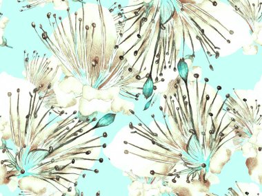 Kalın Çiçek deseni. Büyük bir Hawai parmak izi, mavi, Indigo arka planında. Büyük Tropik Bahar Kova Lilikoi Sonsuz Arkaplanı. Kalın Çiçek Tasarımı.