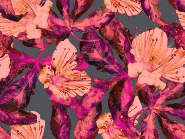 Cesur Çiçek Tasarımı. Kızıl Arkaplanda Büyük Hawaii Kusursuz Parmak izi. Büyük Orman Baharı Maracuja Sonsuz Arkaplanı. Sanatsal Kalın Çiçek Tasarımı.