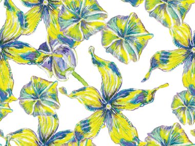 Yaz Vintage Arkaplanı. Canlı Sakura ve Jasmine Print. Suluboya Turuncu Çiçek ve Yapraklar. Klasik Mavi ve Indigo Ayurveda deseni. Biyo Jasmin Kusursuz Desen.