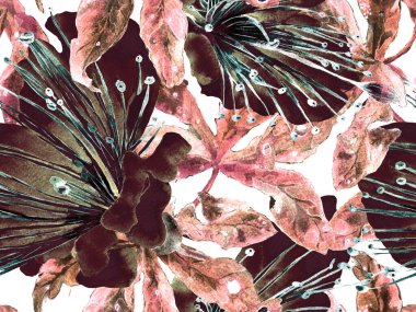 Cesur soyut çiçek deseni. Kahverengi Arkaplanda Geniş Ormansız Parmak izi, Kara Arkaplan. Büyük Tropikal Bahar Kova Granadilla Sonsuz Arkaplanı. Modern Kalın Soyut Çiçek Deseni.