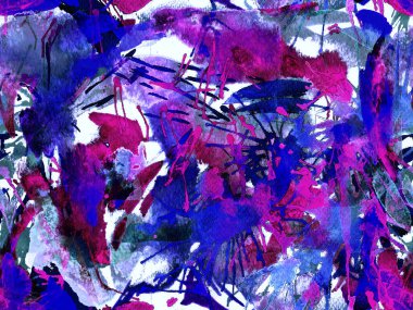 Sıvı, pürüzsüz desen. Mor suluboya fırça darbesi grunge tasarımı. Suluboya kaotik sıçrama boya tasarımı. Kademeli mürekkep lekeleri. Çamur tabakası. Sıvı damlayan fırça sonsuz iz.