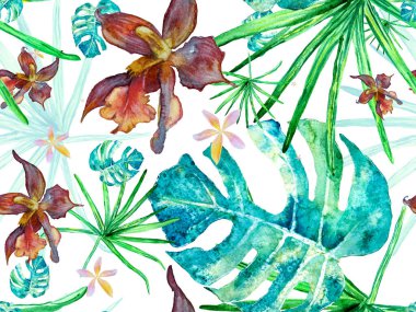 Orkideli mayo baskısı, Palm Leaves. Orkide Kusursuz Desen. Suluboya Çiçek Geçmişi. Tropik Yaz Baskısı. Kırmızı ve İndigo Egzotik Hawaii Tasarımı. Tayland Döşeme Dokusu.