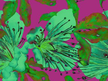 Cesur soyut çiçek deseni. Yeşil Arkaplanda Büyük Hawaii Kusursuz Parmak izi. Büyük Tropikal Bahar Kova Granadilla Sonsuz Arkaplan. Modern Kalın Soyut Çiçek Deseni.