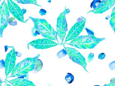 Klasik Mavi ve Yeşil Ayurveda deseni. Yaz Vintage Arkaplanı. Canlı Sakura ve Jasmine Print. Biyo Jasmin Kusursuz Şablon. Suluboya Turuncu Çiçek ve Yapraklar.