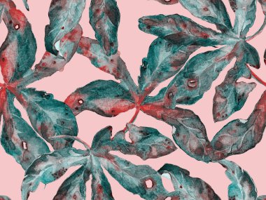 Bold Floral Print. Yeşil ve Kırmızı Arkaplanda Geniş Orman Kusursuz Parmak izi. Büyük Egzotik Yaz Maracuya Sonsuz Geçmişi. Moda Kalın Çiçek Yazdırma.