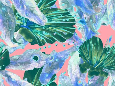 Cesur soyut çiçek deseni. Yeşil ve Kızıl Arkaplanda Büyük Tropikal Kusursuz Parmak izi. Büyük Egzotik Bahar Kova 'sı Granadilla Sonsuz Arkaplanı. Modern Kalın Soyut Çiçek Deseni.