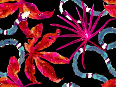 Afrika Safari Deri ve Flora İllüstrasyon. Elapidae Egzotik Geçmişi. Klasik Mavi ve Lush Lav Kırmızı Aspid Kusursuz Desen. Yılan Derisi Parmak izi. Zehirli Ejder Taklidi. El Çekimi Tropikal Desen.