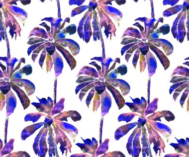 Avuç içi izi. Egzotik suluboya desensiz. Hawaii Tropikal Baskısı. Palmiye ağaçlı mayo tasarımı. Egzotik Yaprak İlişkisi. Suluboya Botanik Kusursuz Arka plan. Muz ve Hindistan cevizi ağaçları.