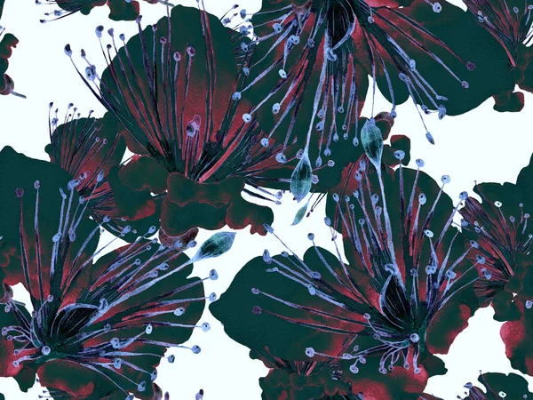 Bold Floral Print. Yeşil ve Kırmızı Arkaplanda Büyük Ormansız Parmak izi. Büyük Hawaii Baharı Maracuja Sonsuz Arkaplanı. Moda Kalın Çiçek Yazdırma.