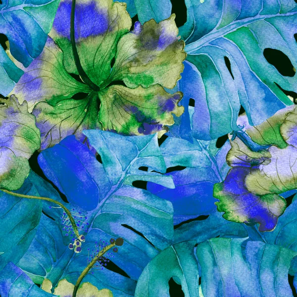 Tatil düzeni. Suluboya tropik çiçekler ve canavar yaprakları. Palm ve Hibiscus bitkileri kusursuz desende. Bahar Hawaii suluboya geçmişi. Avuç içleri, canavarlar, mayo izleri..